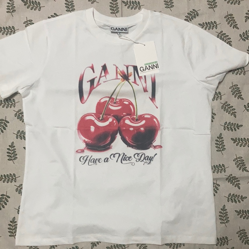 Ganni white Tee with Red cherries NWT